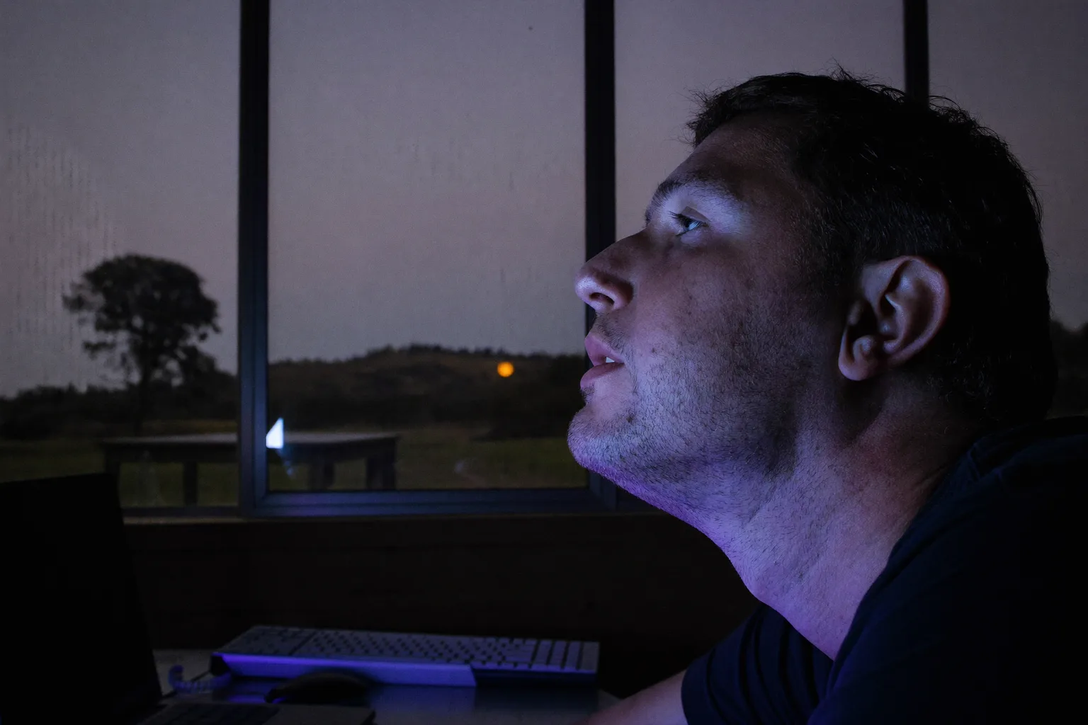 Screen worker applying the 20-20-20 rule against eye strain, looking away from the laptop and out a window toward a distant tree