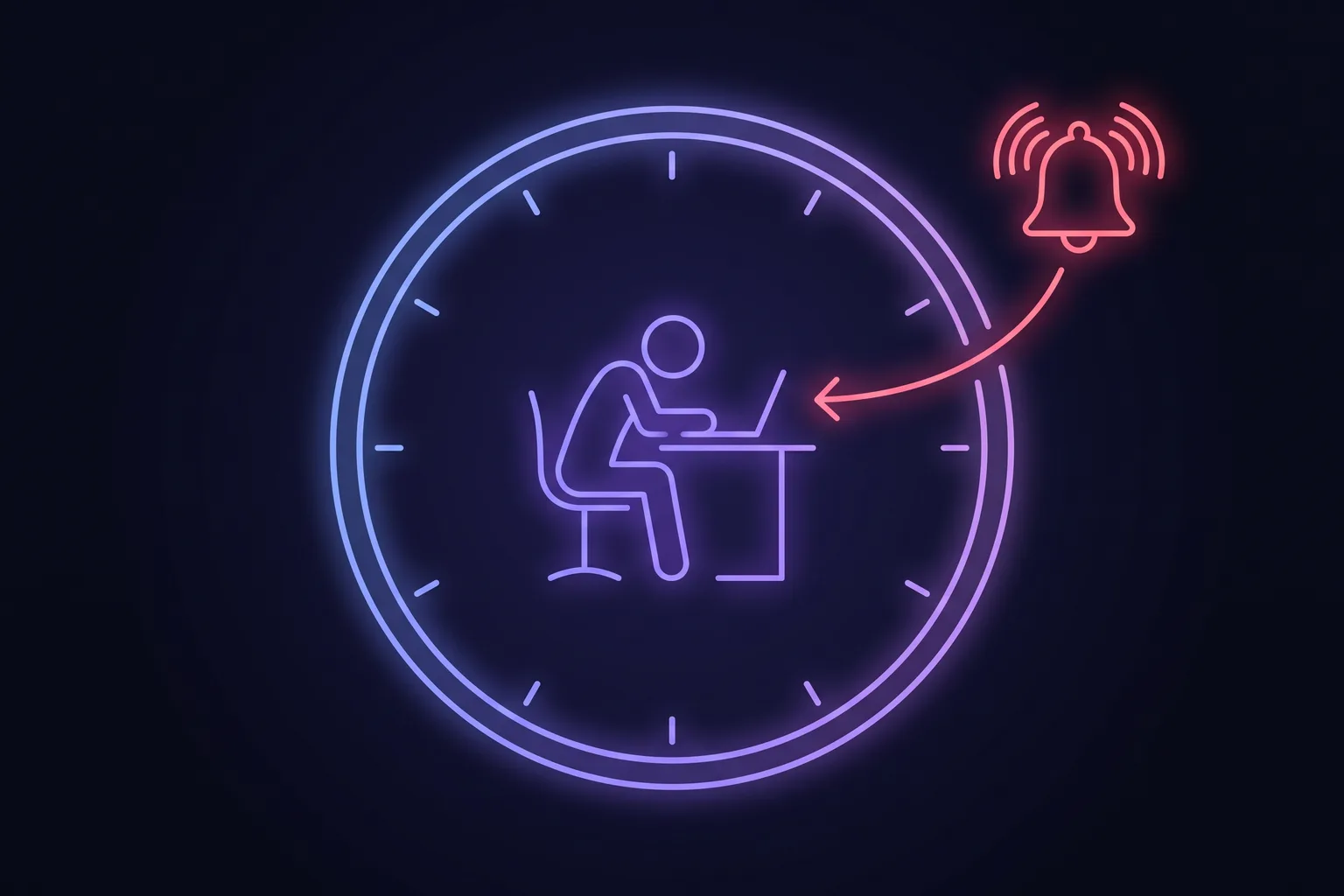 A figure working at a desk enclosed inside a clock dial, with a bell outside the dial and an arrow curving inward from it, crossing the rim to reach the figure