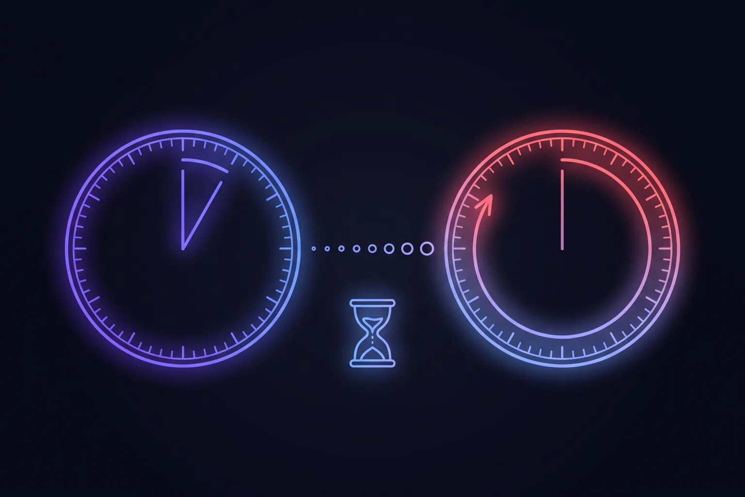 Two clock dials side by side: on the first a short arc, on the second an arc sweeping almost the whole dial and turning red at its end, with the gap between them widening