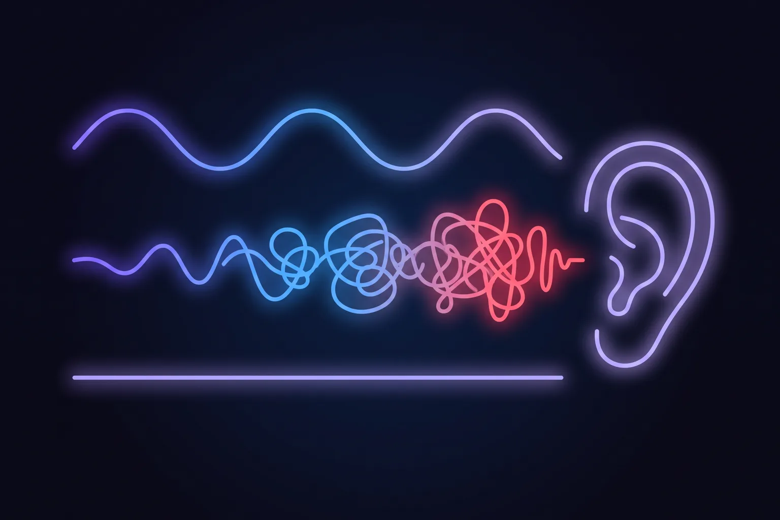 Line-art diagram of an ear receiving three sound waves: one smooth, one tangled into knots, one flat
