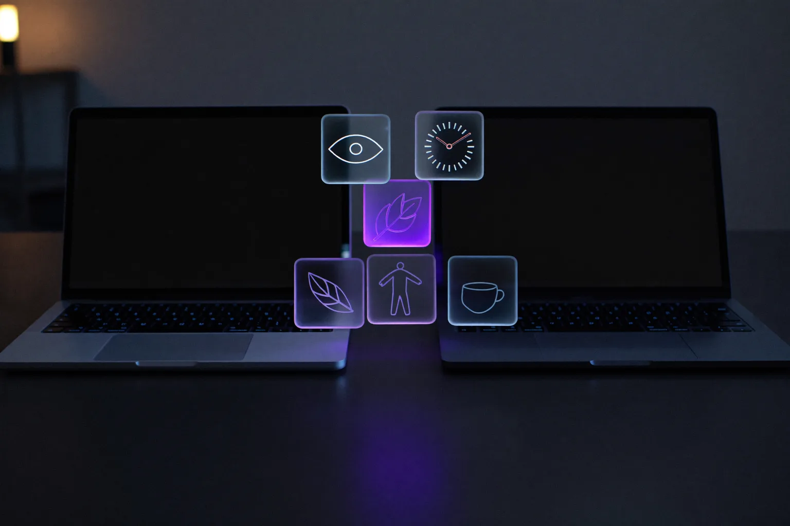 Two laptops side by side with break reminder app icons floating between them: eye breaks, timers, stand-up breaks