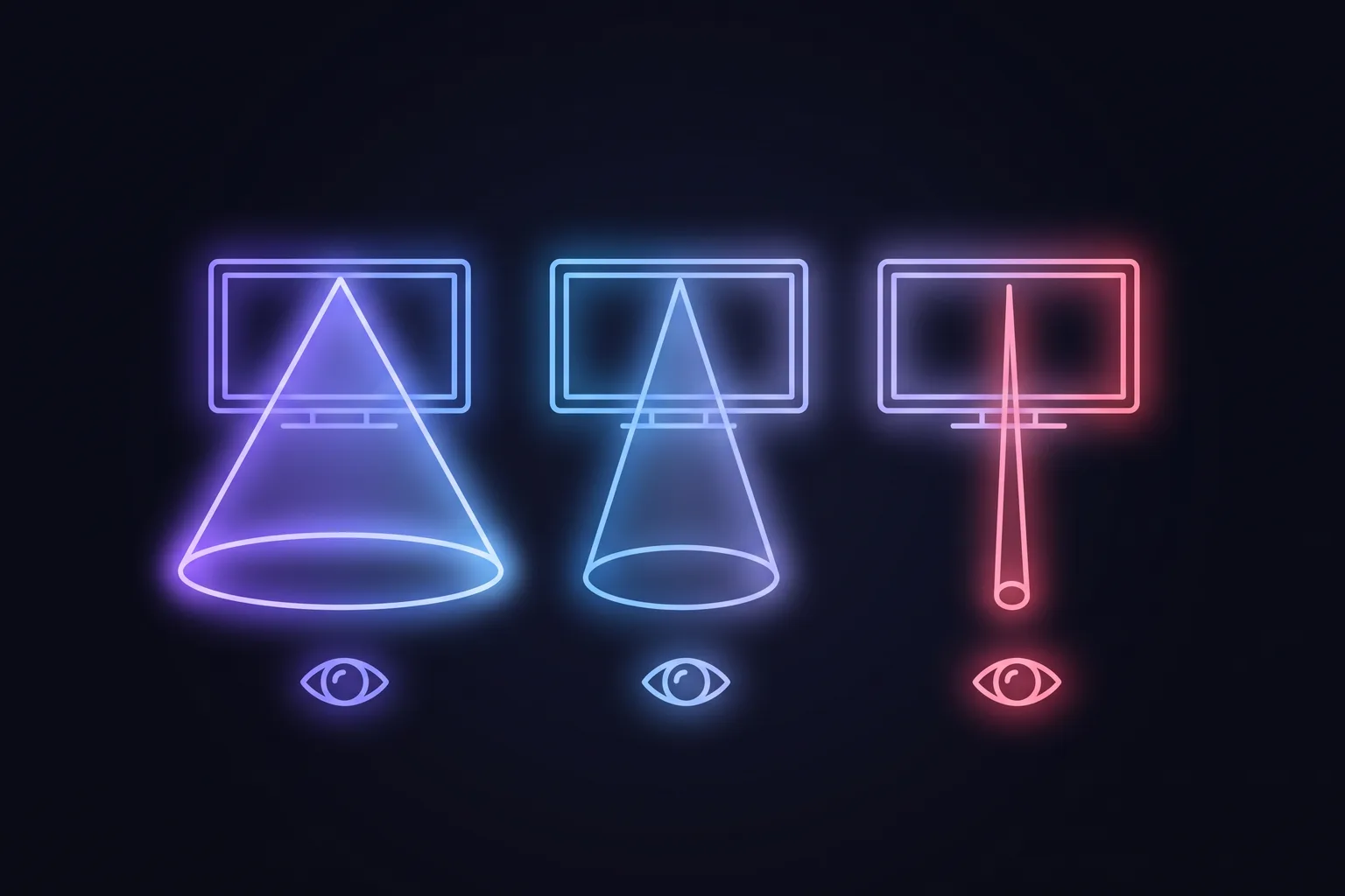 Three screens drawn side by side showing how much light each sends toward a reader: a tablet with a wide bright cone, a phone with a narrower one, and an e-reader with a small dim one