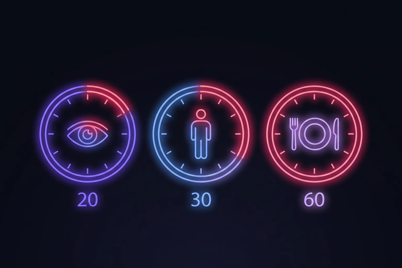 Three dials showing the three break clocks: eyes every 20 minutes, body every 30 to 60 minutes, one real lunch