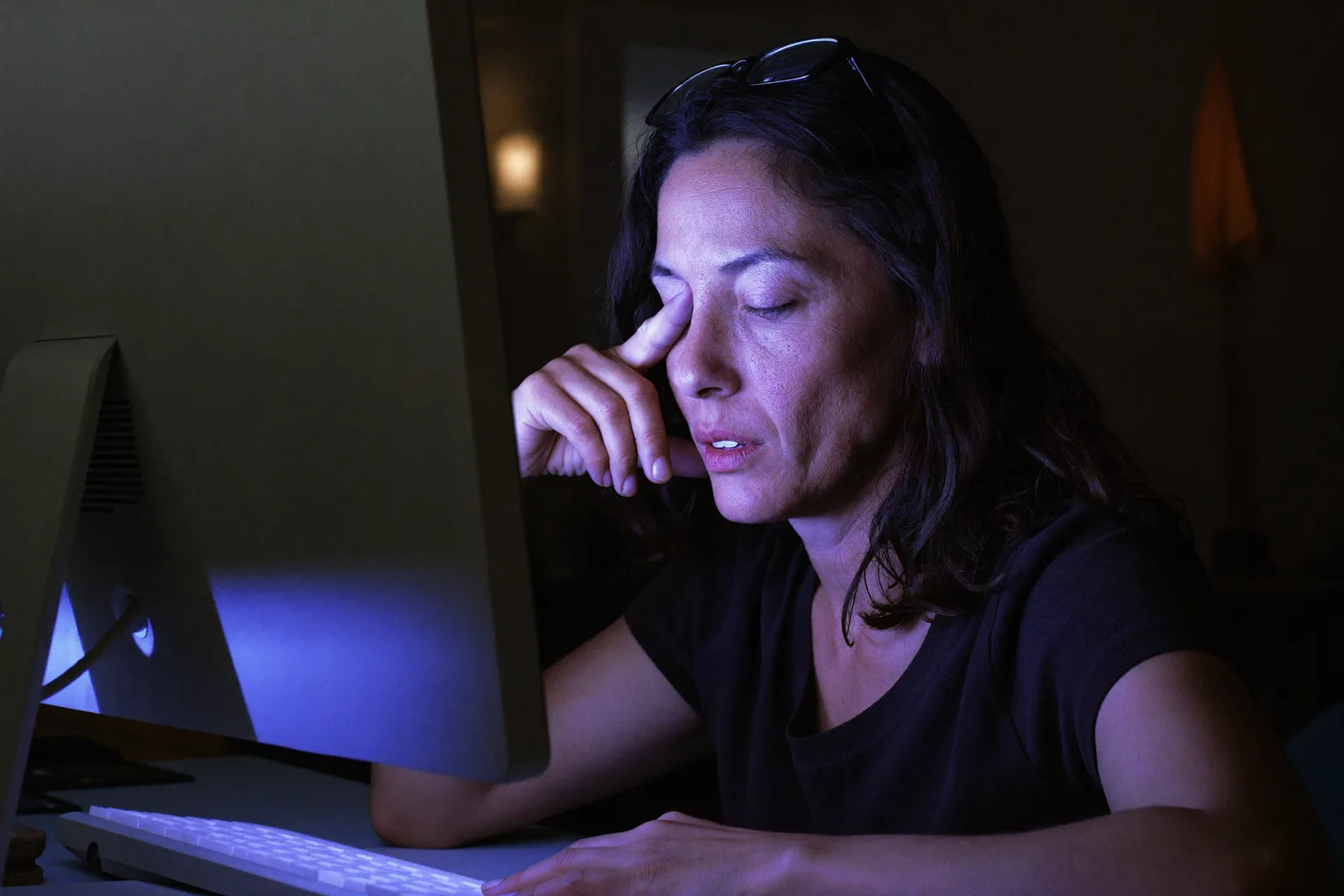 Una dona en un escriptori, en una habitació fosca, amb els ulls tancats i les ulleres pujades al front, pinçant-se l’arrel del nas per sobre de la part posterior del monitor, amb la cara il·luminada d’un blau fred per la pantalla