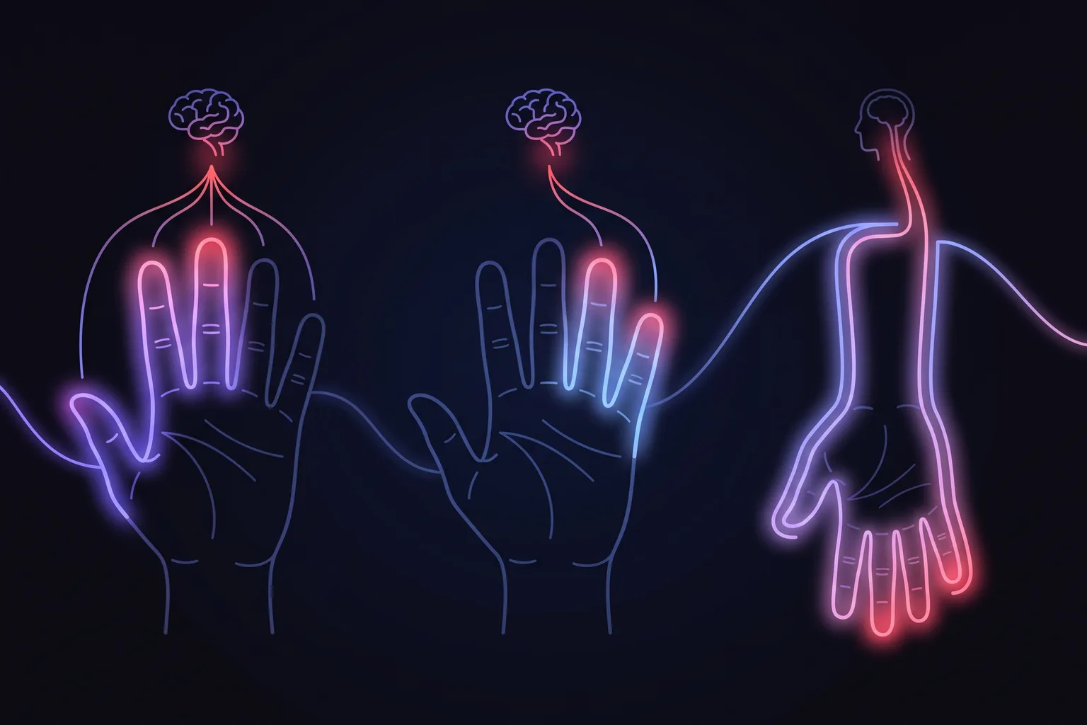 Three panels: a palm split between the median nerve territory (thumb, index, middle and half the ring finger) and the ulnar territory (little finger and the other half), a neck with an irritated nerve root sending pain down the arm, and the ulnar nerve compressed at the elbow