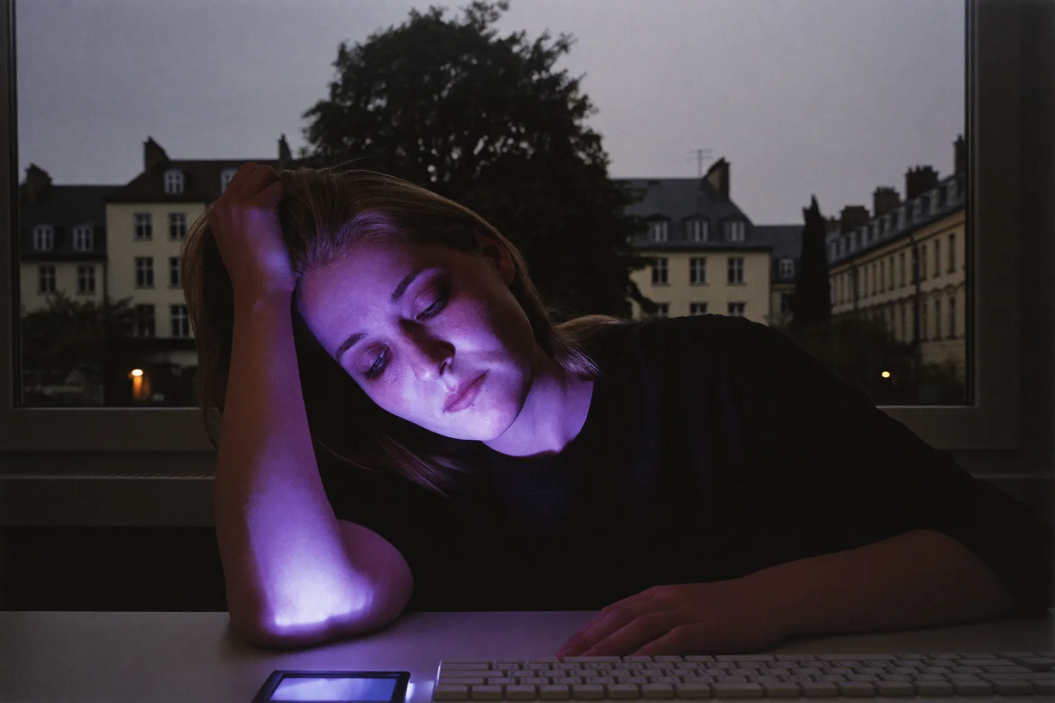 Eine müde Frau sitzt spät am Tag an ihrem Laptop, stützt den Kopf in die Hand, mit schweren, trockenen Augen und Augenringen in einem schwach beleuchteten Raum