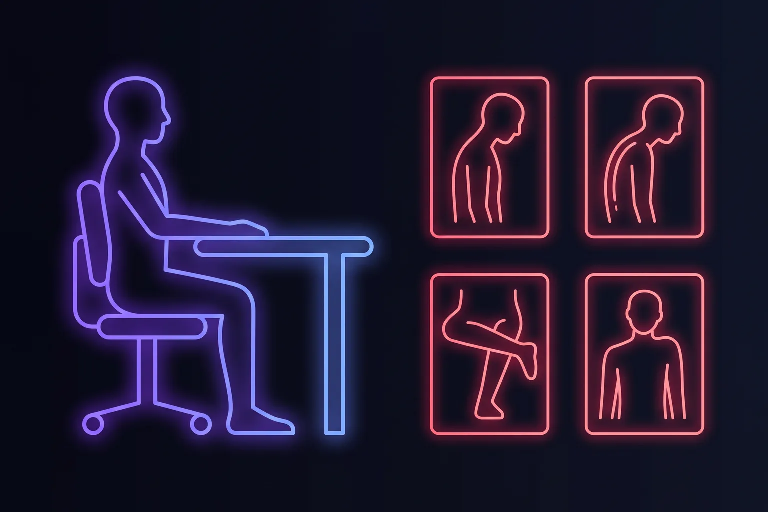 The reference desk posture next to four smaller frames showing the common faults: head drifted forward toward the screen, rounded shoulders with a hunched back, sliding down the chair, and wrists bent up over the keyboard