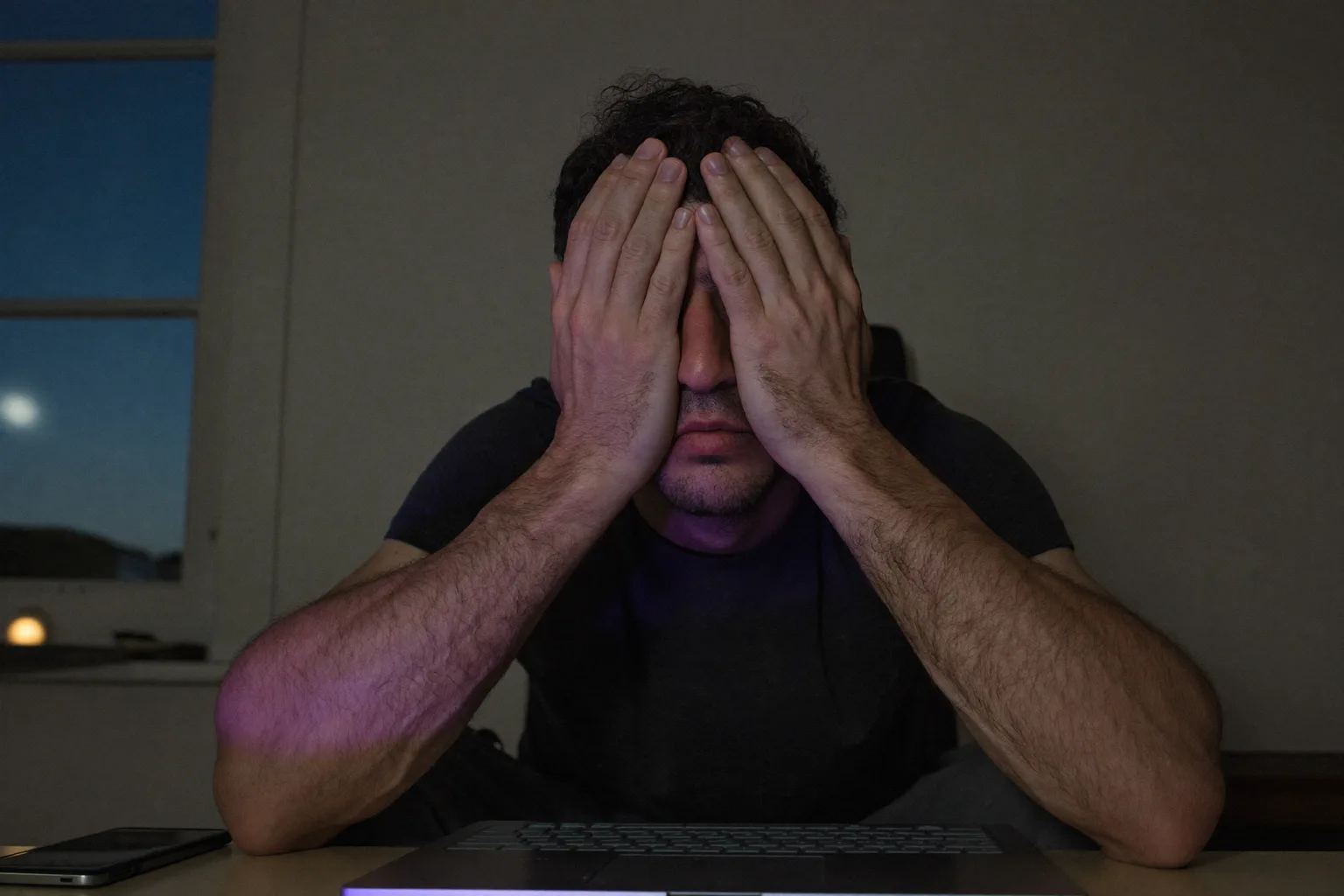 Ένας άντρας σε γραφείο μέσα σε μισοσκότεινο δωμάτιο πιέζει τις παλάμες του πάνω στα κλειστά μάτια για να ανακουφίσει την κόπωση ματιών, με το πρόσωπό του φωτισμένο από την οθόνη του laptop