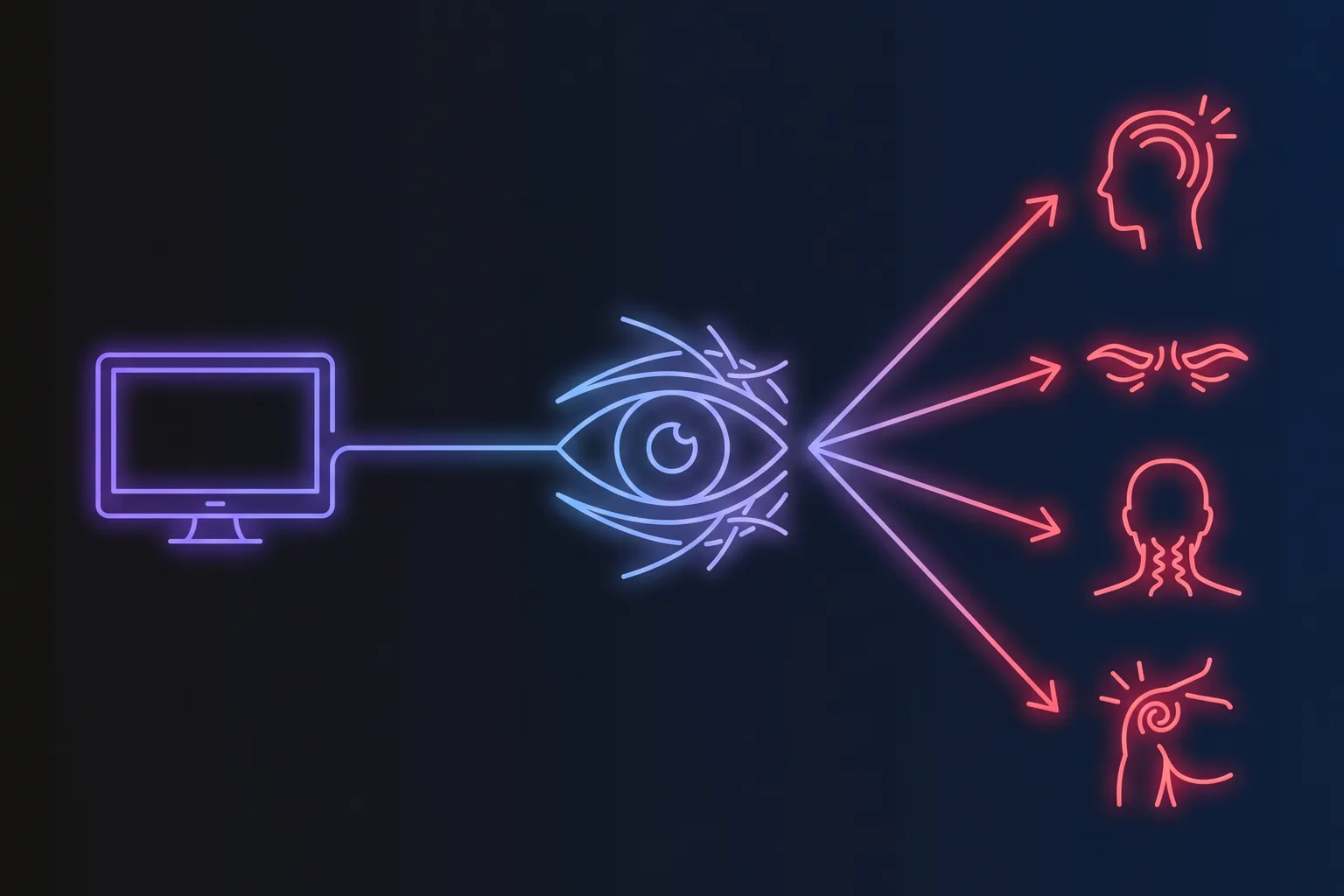 Line diagram of a screen, an eye and the muscles around it, with four arrows leading from sustained near focus, reduced blinking, forward head posture and an optical mismatch towards a pain zone across the brow and temples