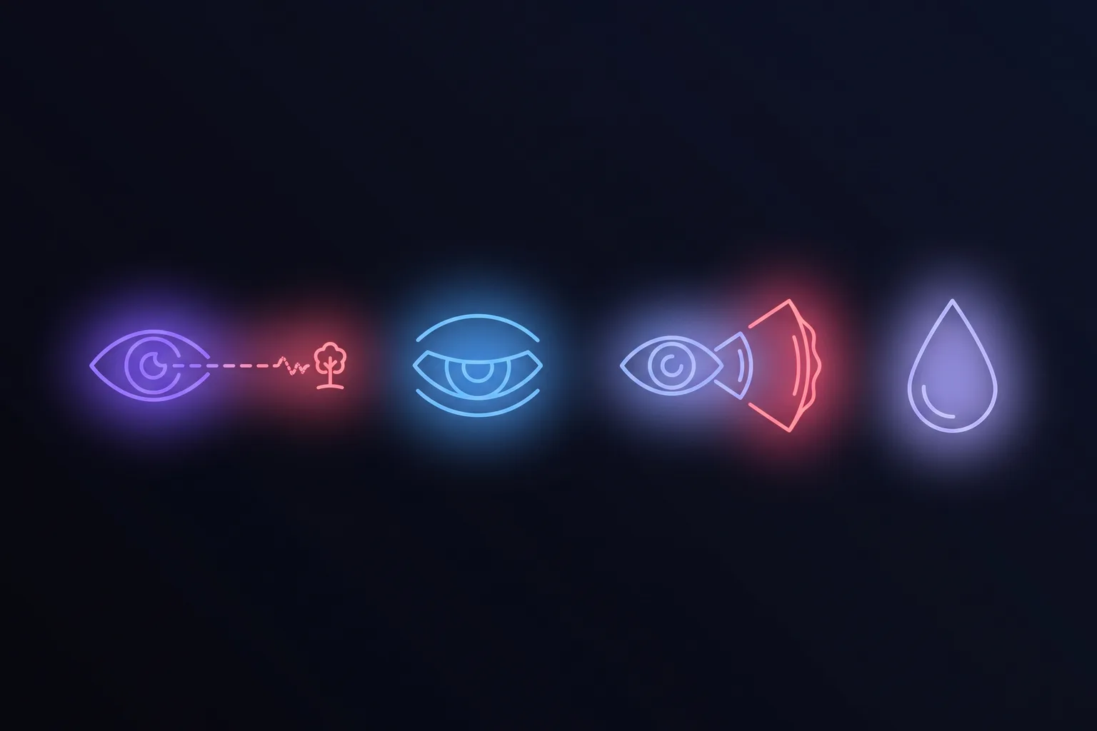 Four eye-strain relief actions shown as neon icons: looking far away, deliberate blinking, near-far focus shift, and palming the eyes