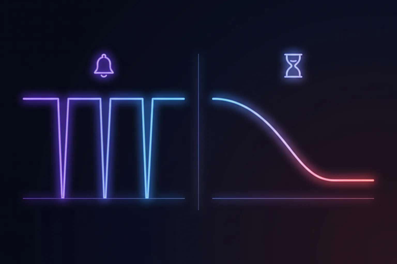 Two attention curves side by side on a dark field: on the left a high line broken by sharp vertical drops, on the right an unbroken line sloping steadily down to a flat low plateau