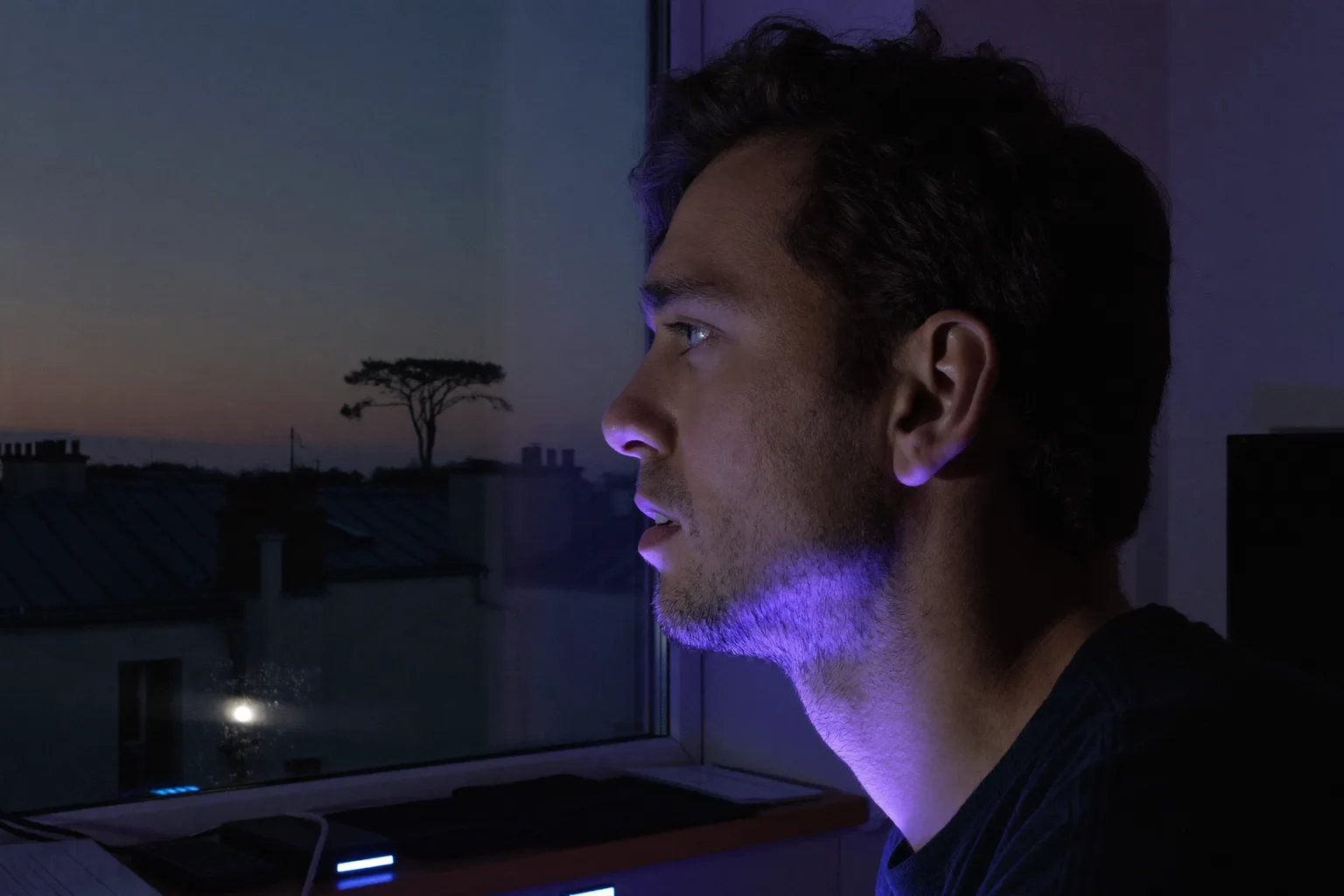 Une personne au travail applique la règle du 20-20-20 contre la fatigue oculaire, en détournant le regard de son ordinateur portable vers un arbre au loin, par la fenêtre