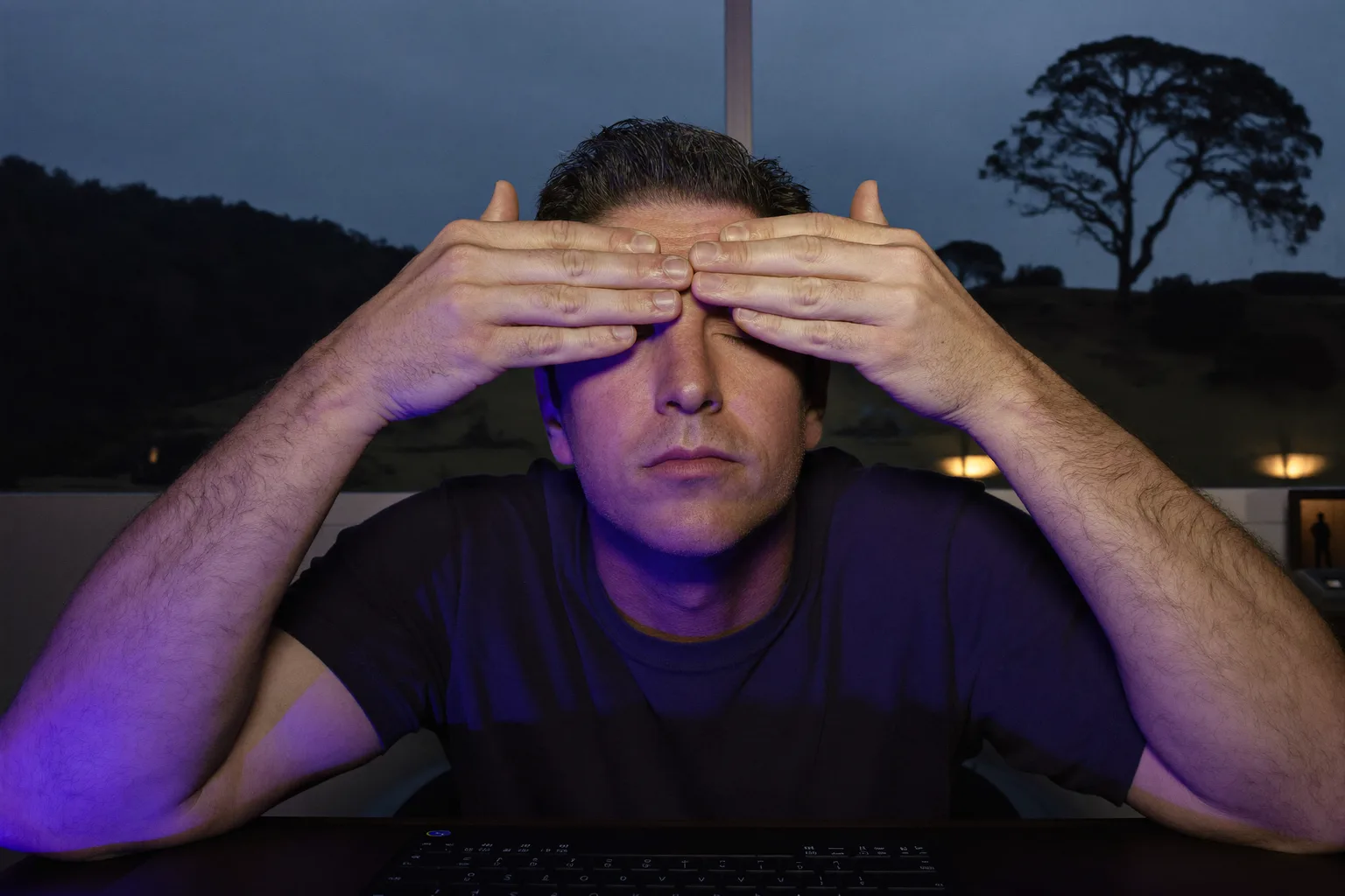 A man at a desk in a dim room pressing his palms over his closed eyes to relieve eye strain, his face lit by the laptop screen