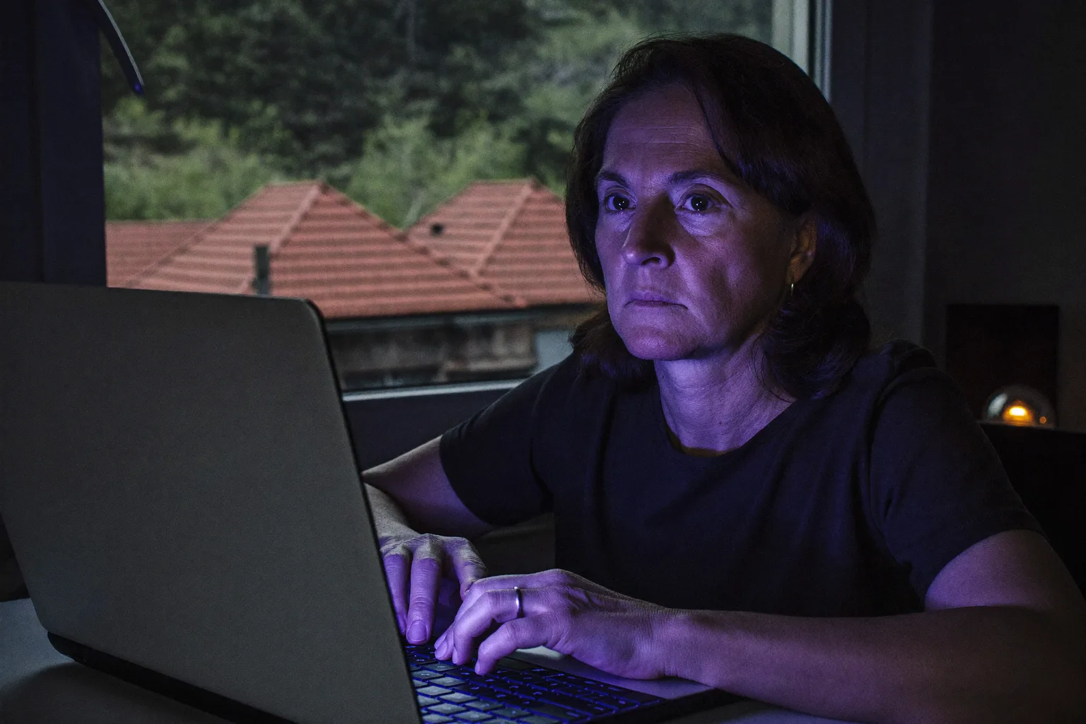 Osoba sjedi za kućnim radnim stolom kasno navečer i gleda kroz ekran laptopa dok joj ruke i dalje počivaju na tipkovnici, prikazujući ravnodušnu iscrpljenost burnouta na poslu