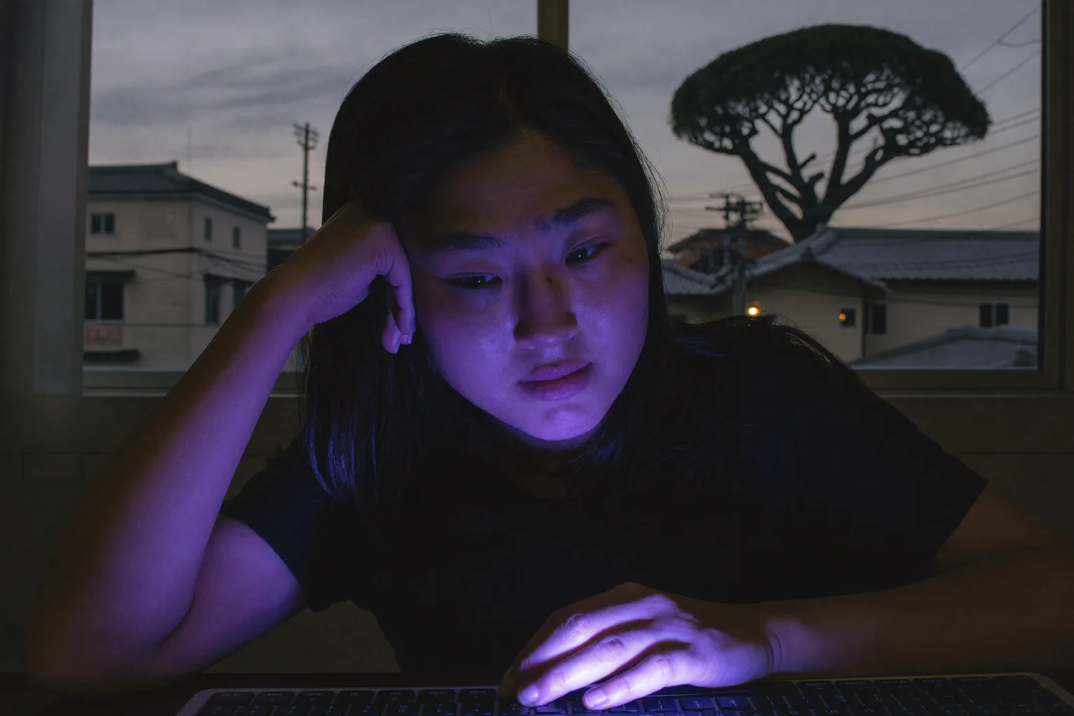 薄暗い部屋で夕方遅くまでノートパソコンに向かい、頬杖をついた疲れた女性。目は重く乾き、目の下にはクマができている