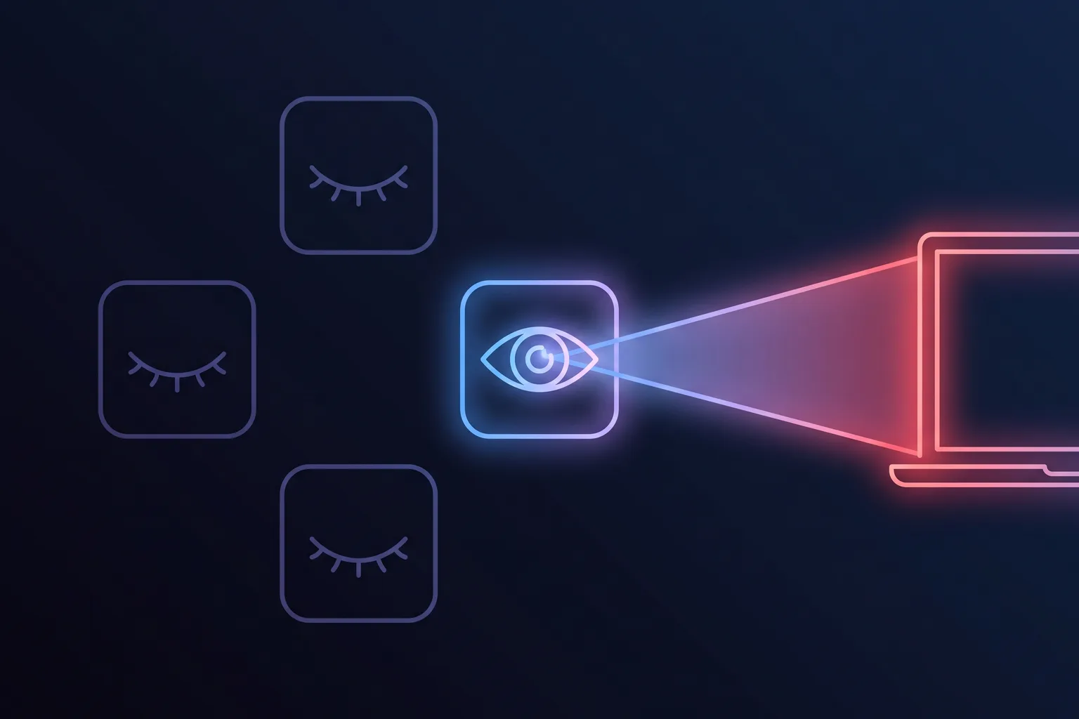 Several app tiles with dormant eyes and a single active one projecting toward a laptop display