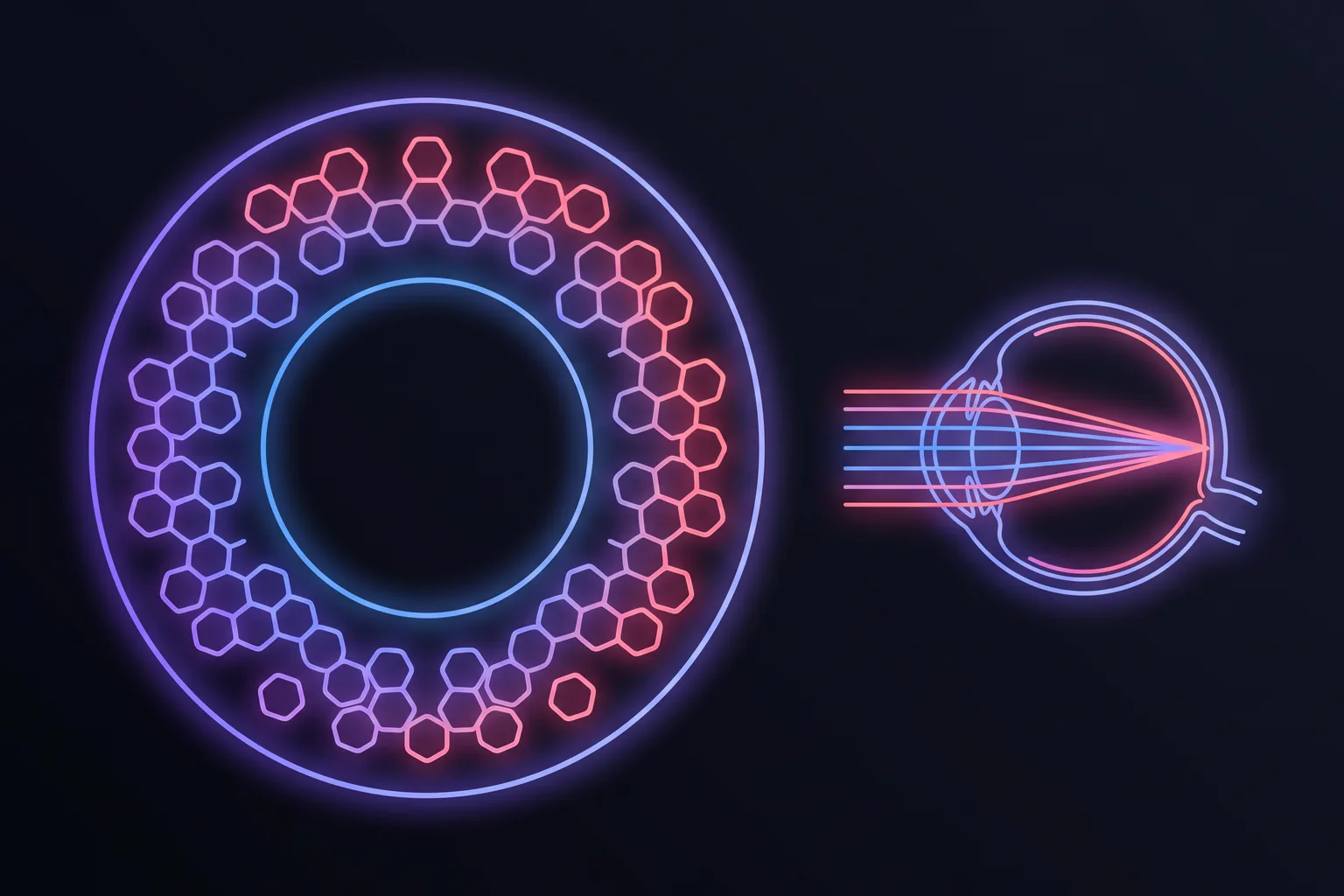 Line diagram of a myopia control lens seen face-on, a clear circular centre inside a honeycomb ring, with the central light path landing on the retina and the peripheral paths landing just short of it