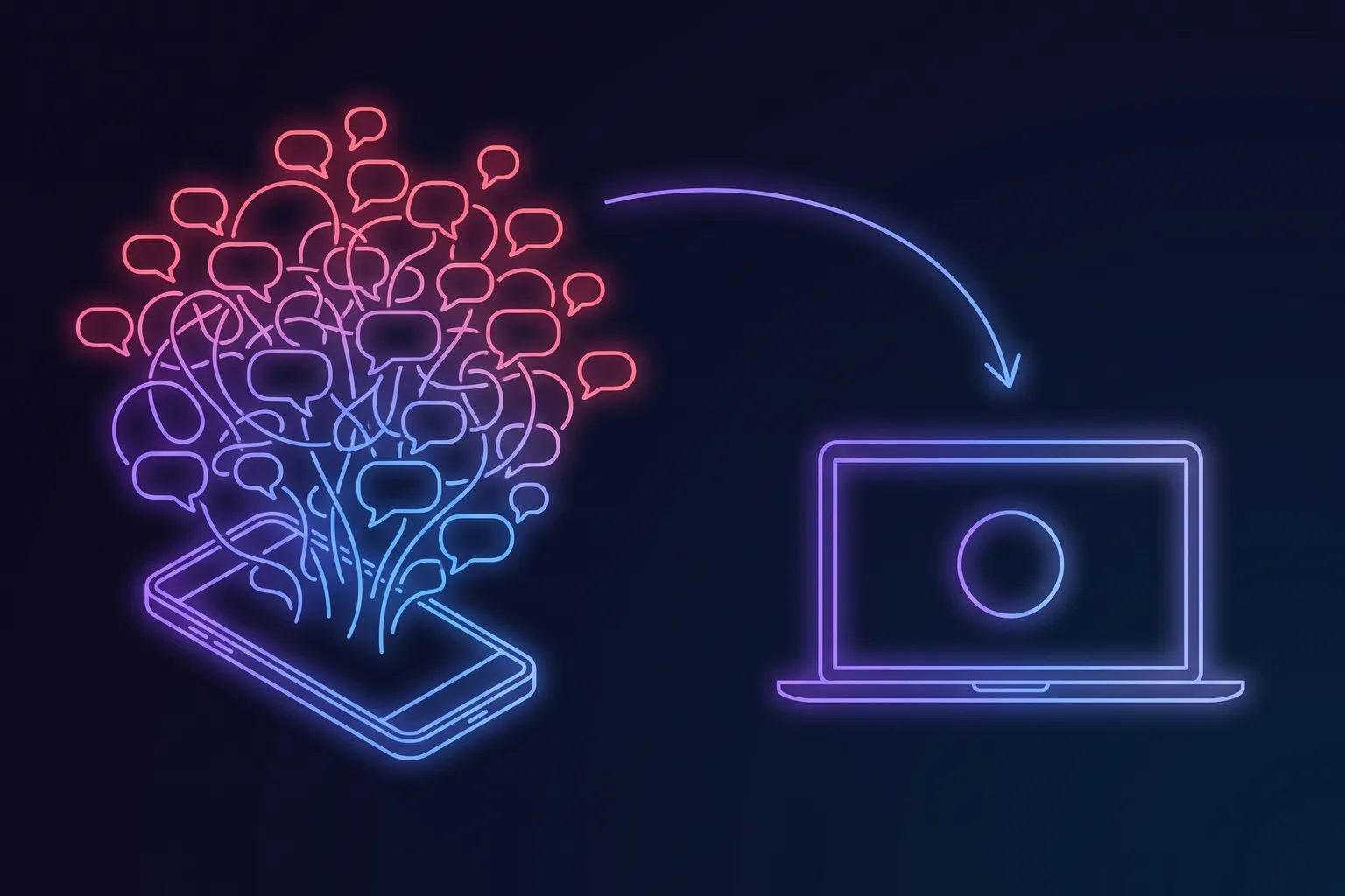 Line-art diagram of a phone lying face down beside a laptop, a soft timer ring glowing on the laptop screen