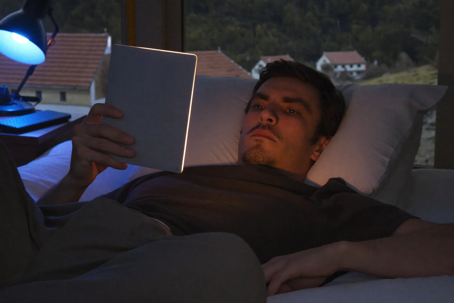 Un bărbat care citește de pe un e-reader în pat, noaptea târziu, pagina lui fiind o strălucire slabă ce abia îi ajunge la față, în timp ce pe noptiera de alături un telefon așezat cu ecranul în sus inundă al doilea abajur cu o lumină albastră rece și dură