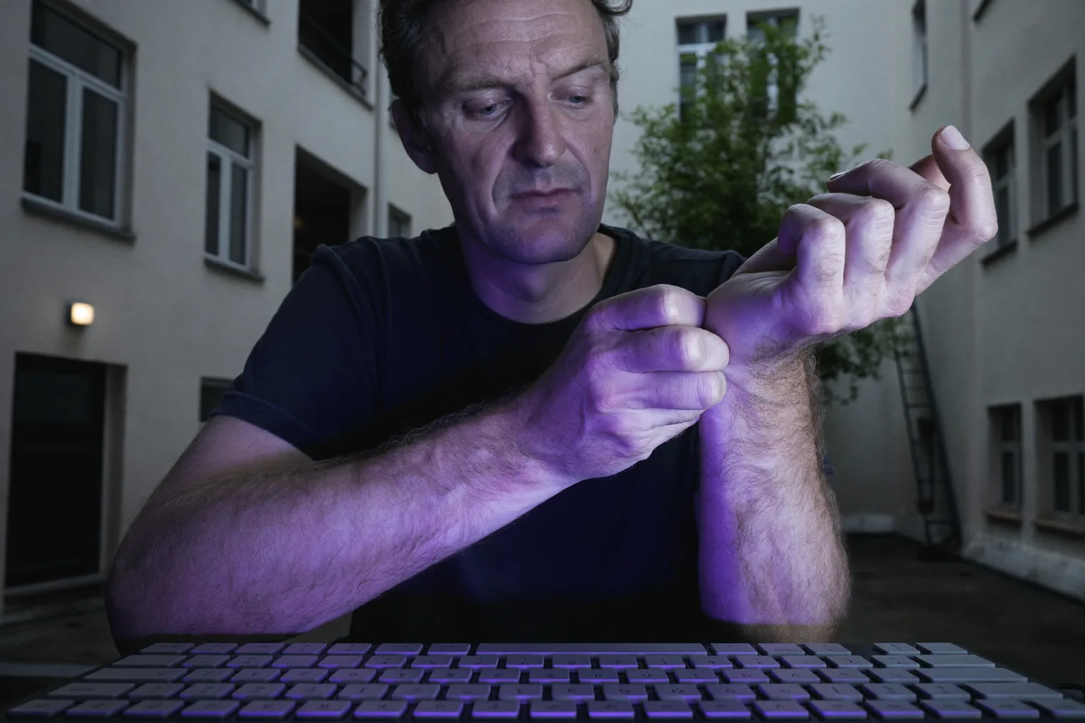 Človek pri stole drží druhou rukou pravé zápästie, pred sebou klávesnicu, ruka ukazuje necitlivosť a bolesť typickú pre syndróm karpálneho tunela