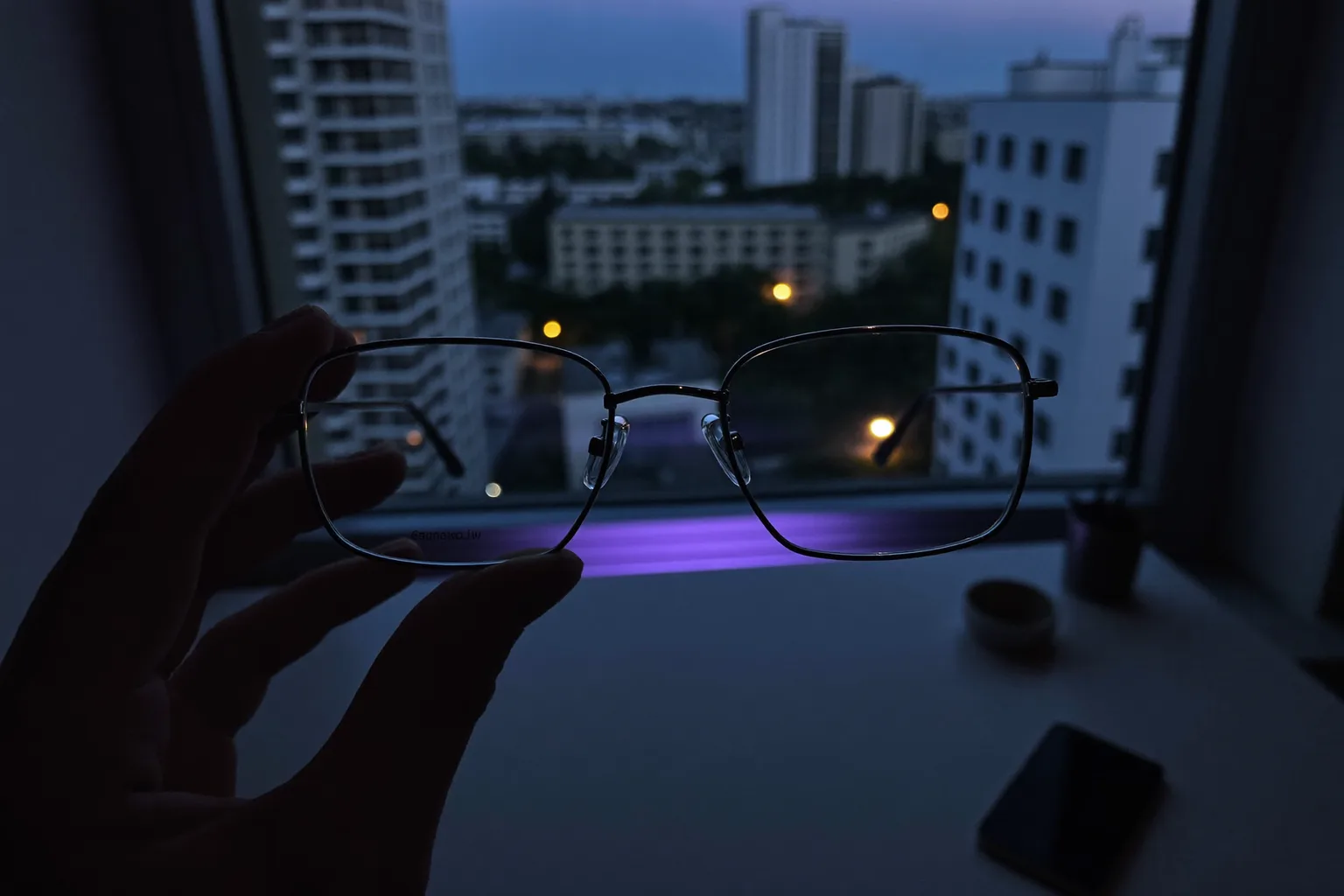 A pair of glasses held up in front of a window, the city behind them sharp through the lenses and blurred around them