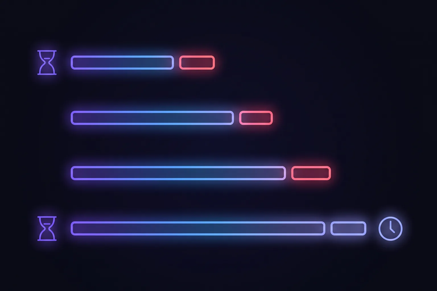 Four horizontal bars of increasing length, each ending in a shorter segment: the four study break rhythms drawn to scale, from the short Pomodoro block to the long 90-minute one