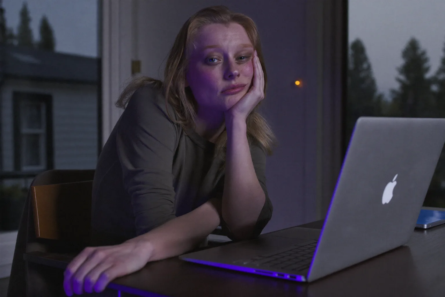 En trött kvinna vid en laptop sent på dagen, vilar huvudet i handen, med tunga, torra ögon och mörka ringar under ögonen i ett svagt upplyst rum