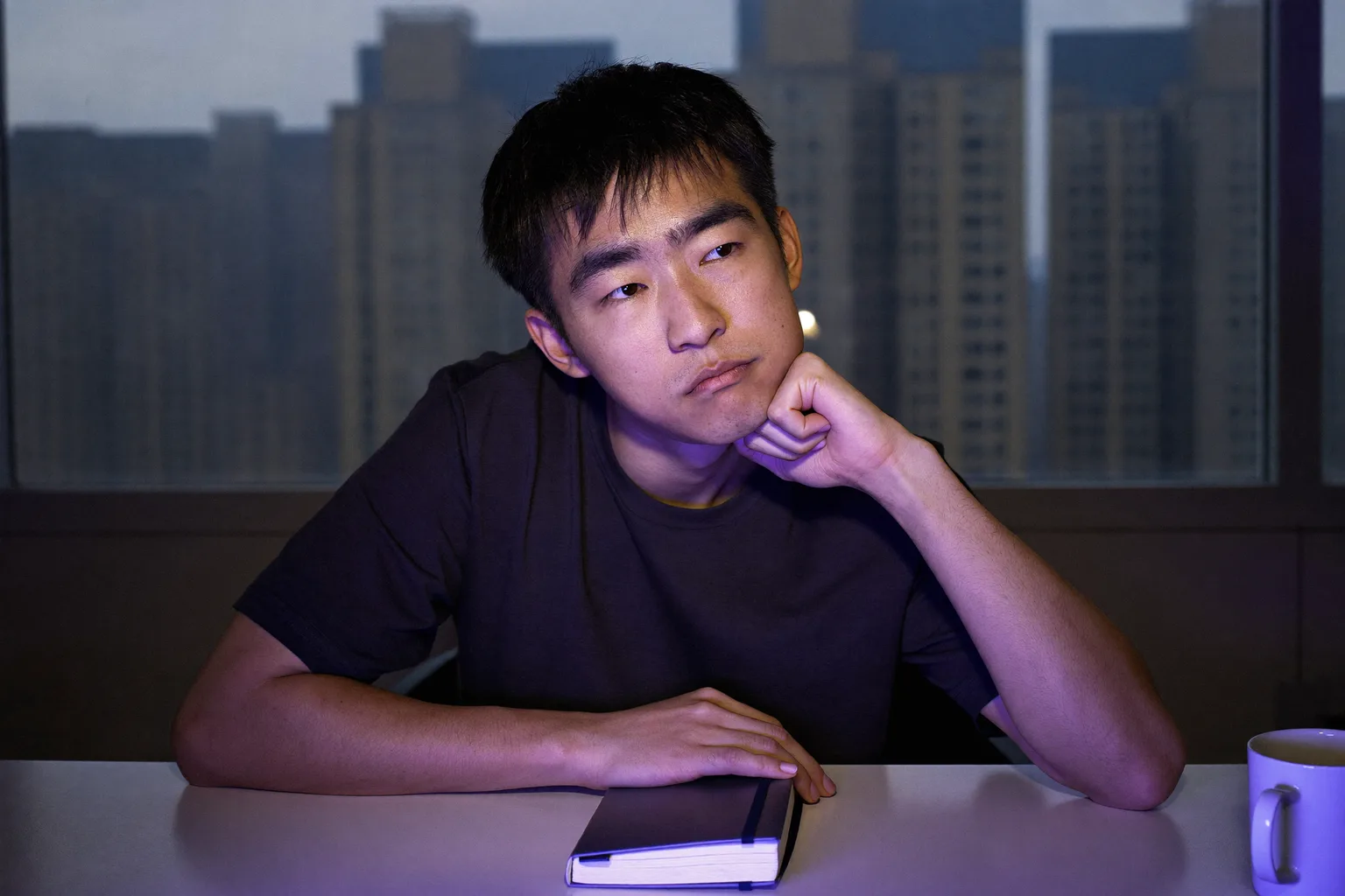 深夜的书桌前，一个学生用摊开的手掌撑着下巴，屏幕的光从侧面照在脸上，目光从作业上飘开，望向画面之外