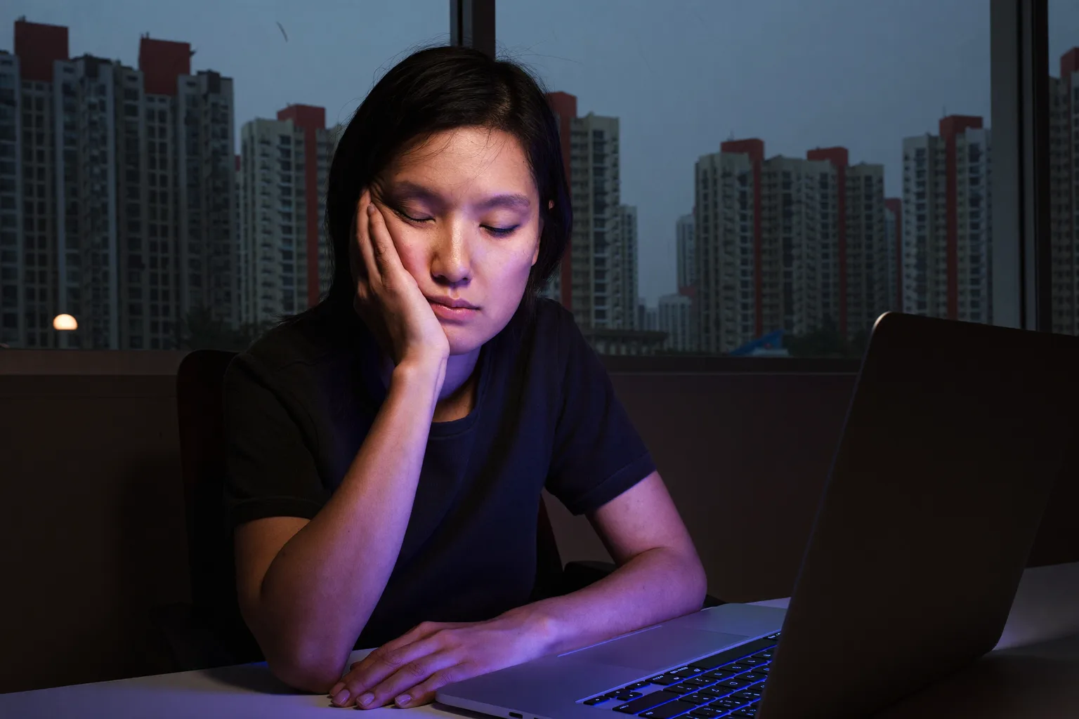 一名疲憊的女子深夜坐在筆電前，用手撐著頭，眼睛乾澀沉重，帶著黑眼圈，房間裡光線昏暗