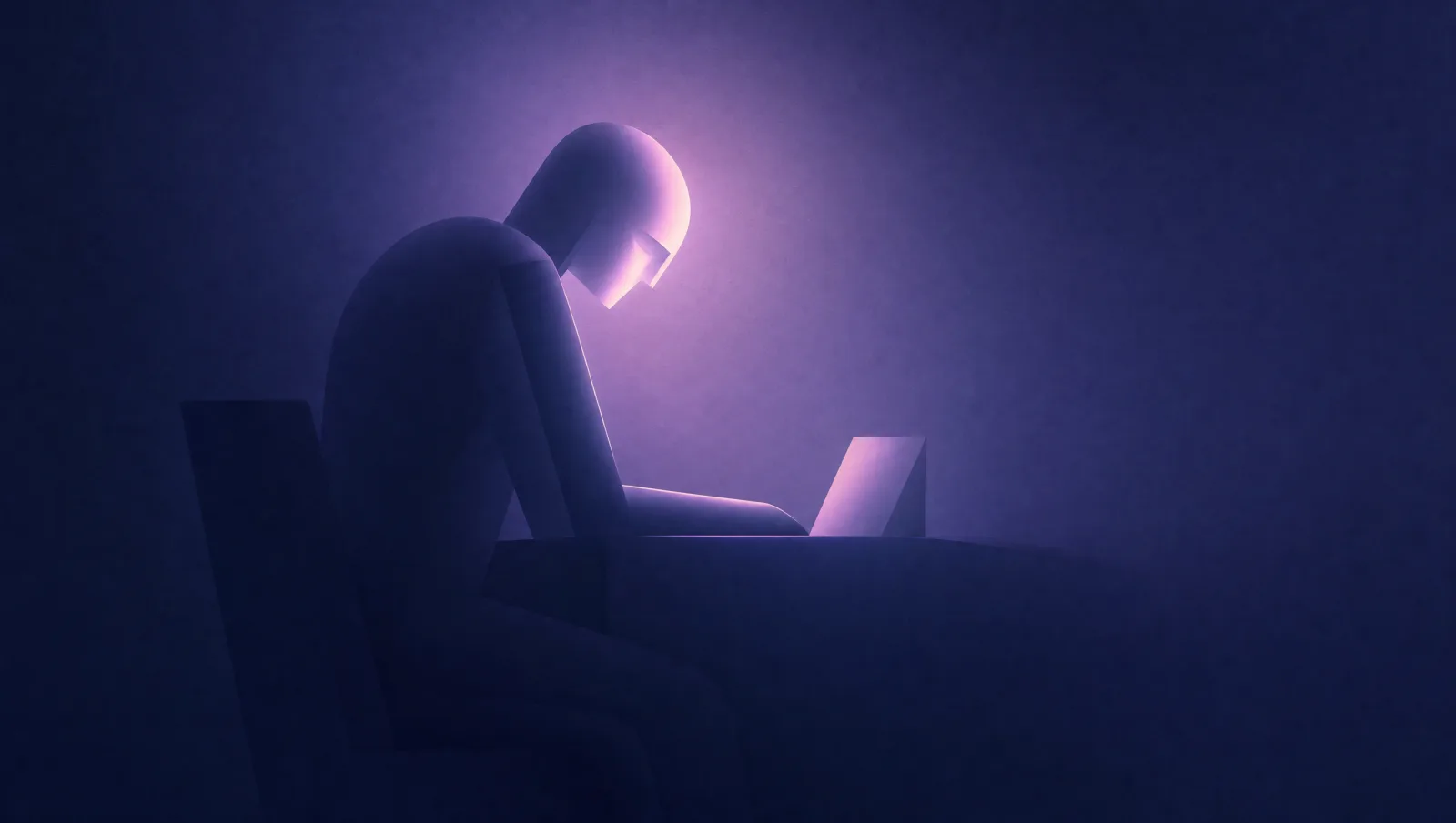 A seated figure at a desk, lit only around the head while the back and shoulders fade into shadow