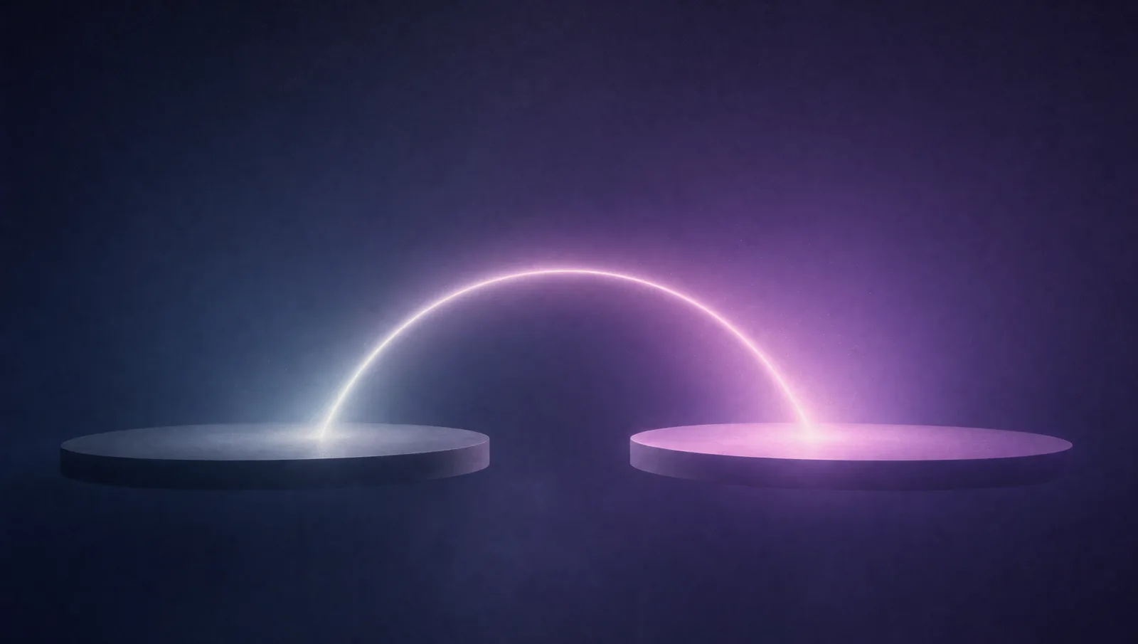 Two floating platforms joined by a soft arc of light, one dimming, one warming